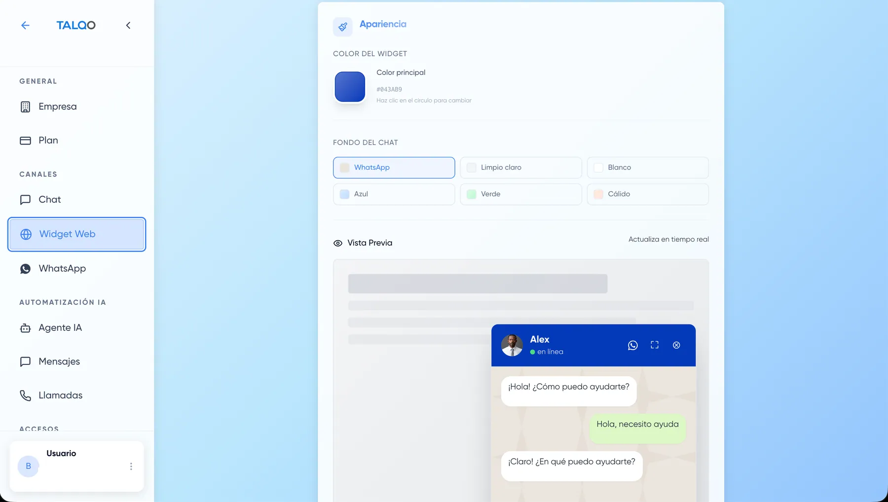 El widget de tu web, con tus colores y vista previa en vivo.